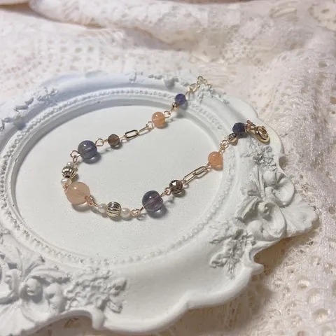《命運之輪》紅兔毛 堇青石 茶晶 太陽石 一般包金 美國14k注金 水晶手鍊