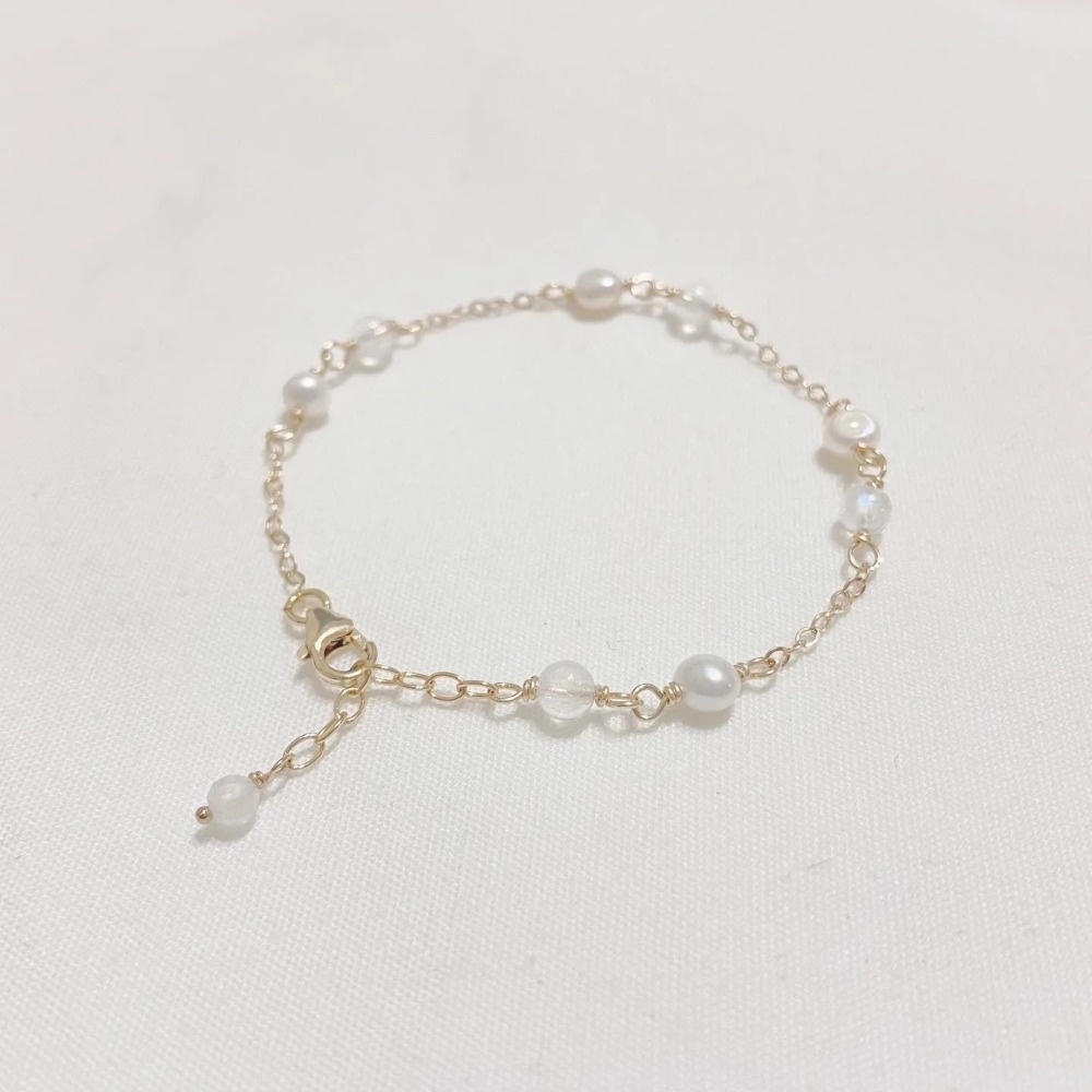 《初雪》藍月光 月光石 珍珠 水晶手鍊 一般包金 美國14k注金 925銀