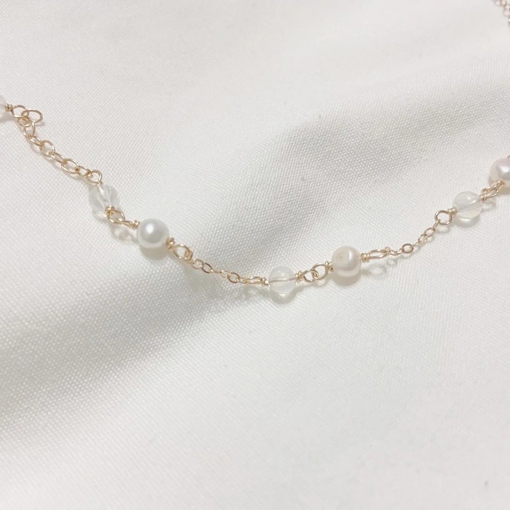 《初雪》藍月光 月光石 珍珠 水晶手鍊 一般包金 美國14k注金 925銀